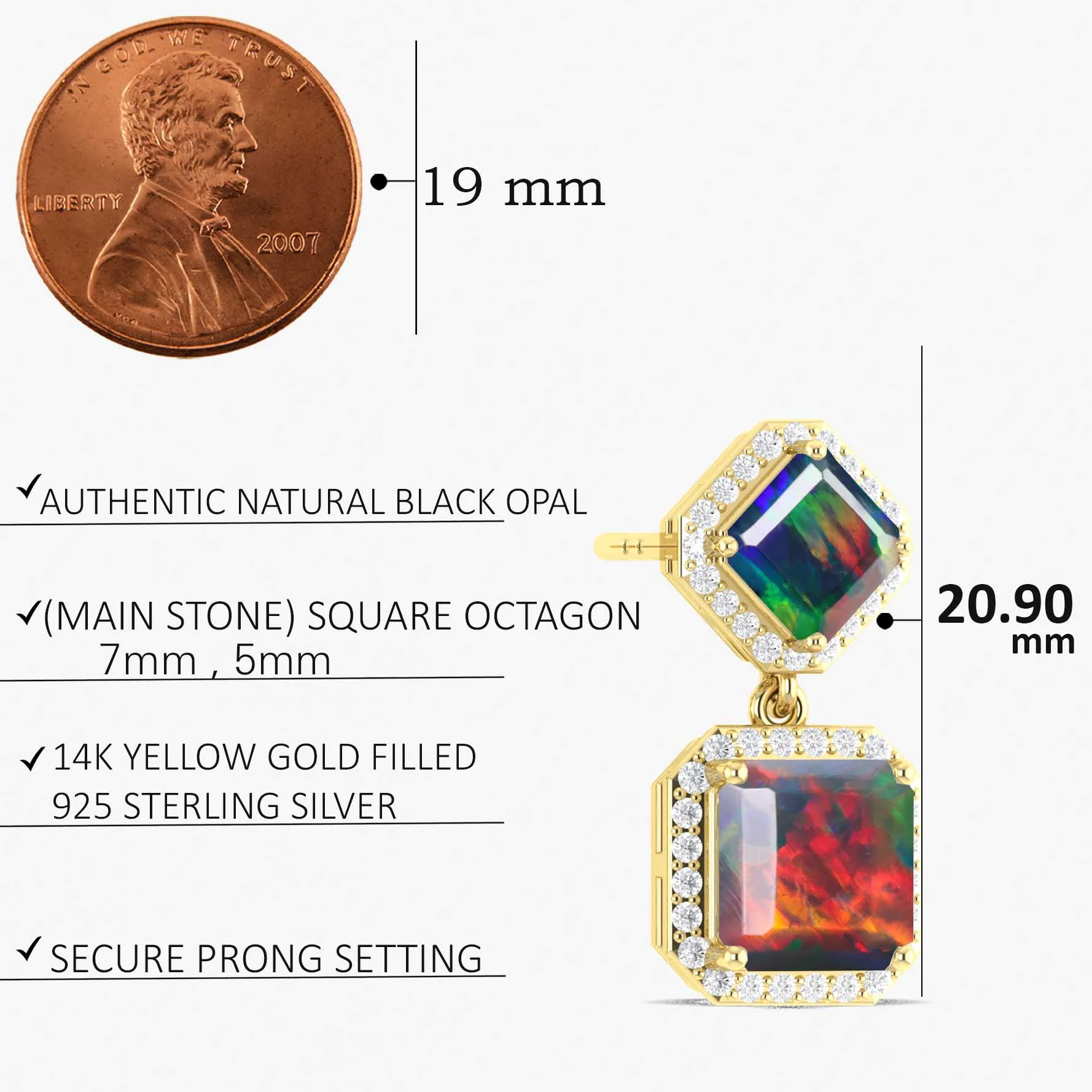Black Opal 7x5mm Octagon Halo Drop Earring in 925 Silver 3.5ct - Image 5