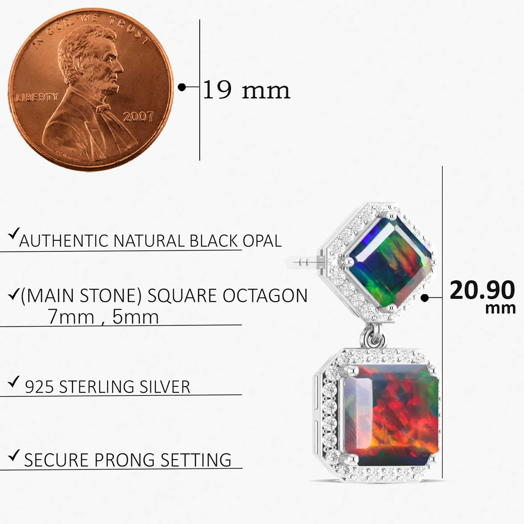 Black Opal 7x5mm Octagon Halo Drop Earring in 925 Silver 3.5ct - Image 6