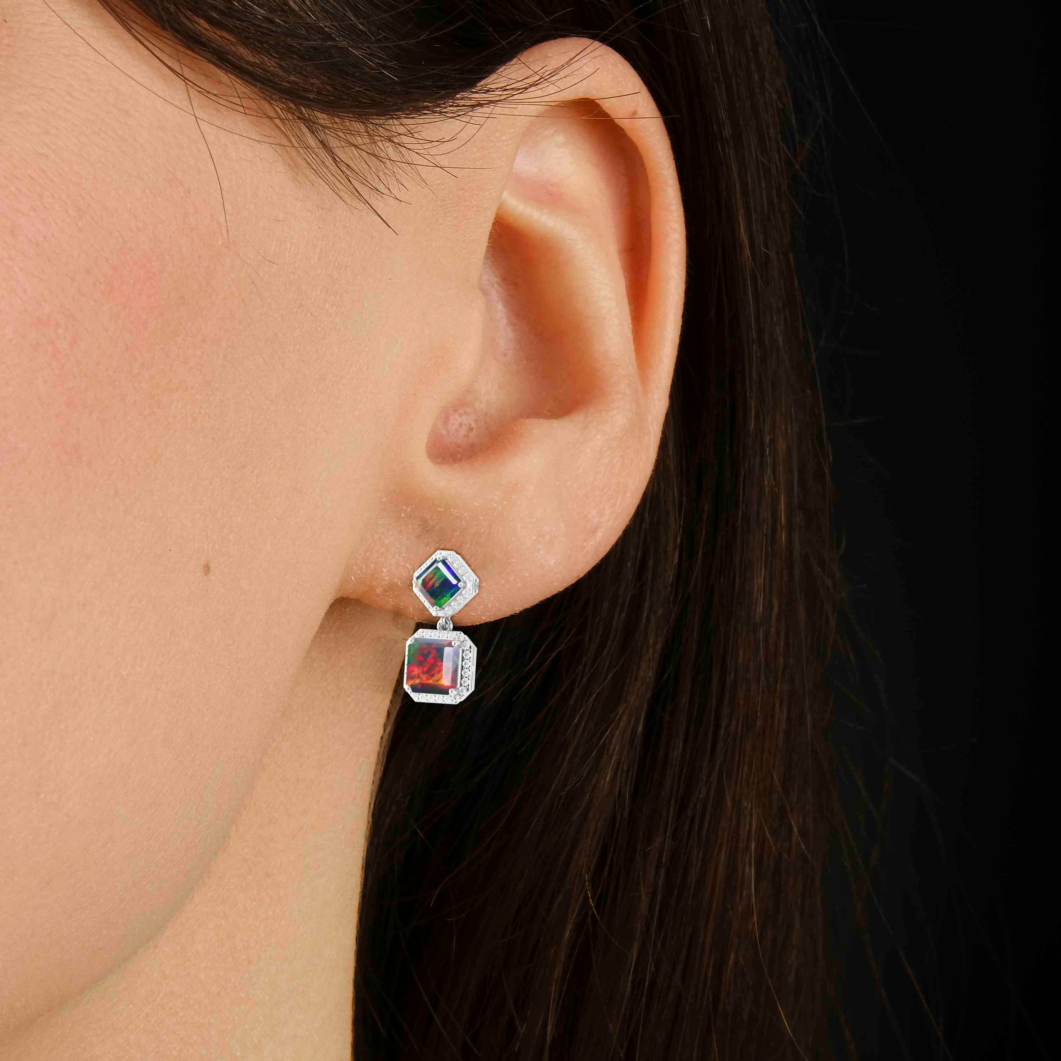 Black Opal 7x5mm Octagon Halo Drop Earring in 925 Silver 3.5ct - Image 8