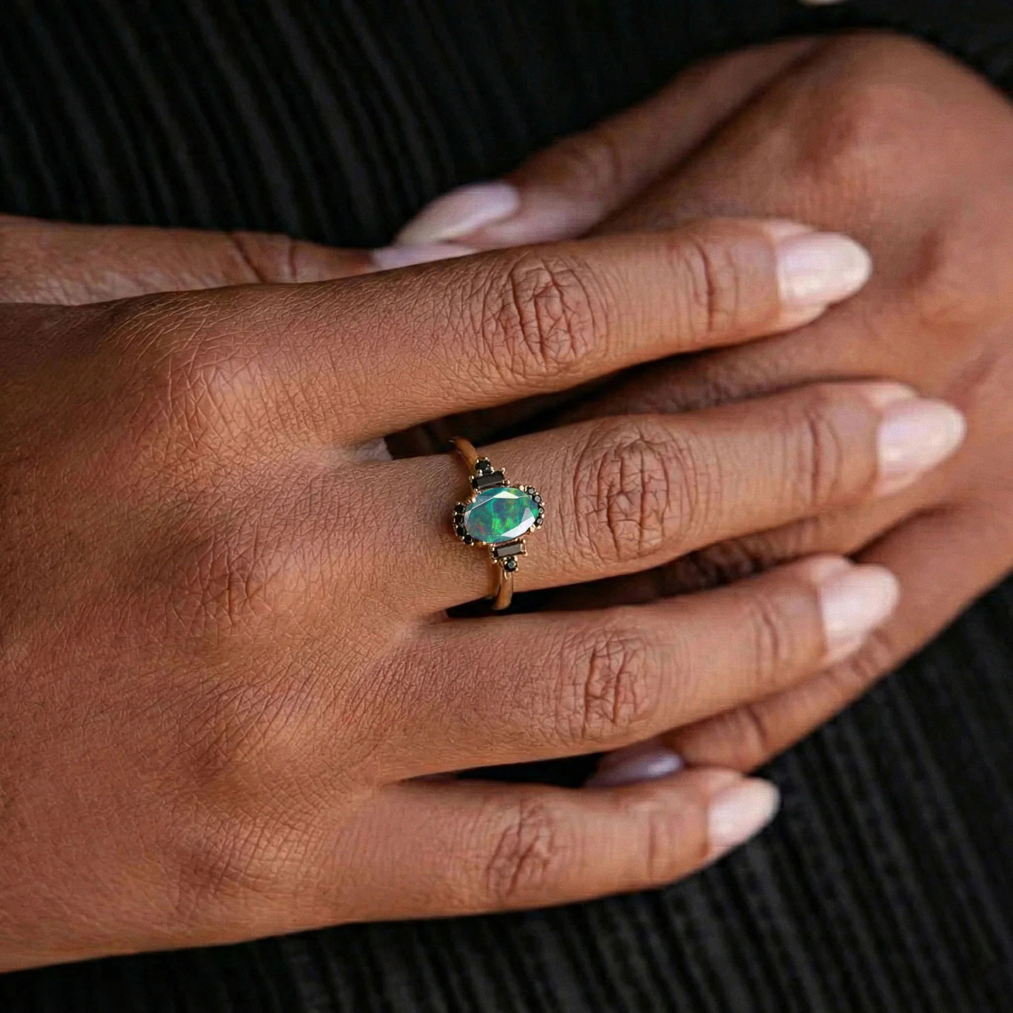 Black Opal and Onyx Engagement Ring | Statement Ring for Women | Luxury Gift for Her - Image 2