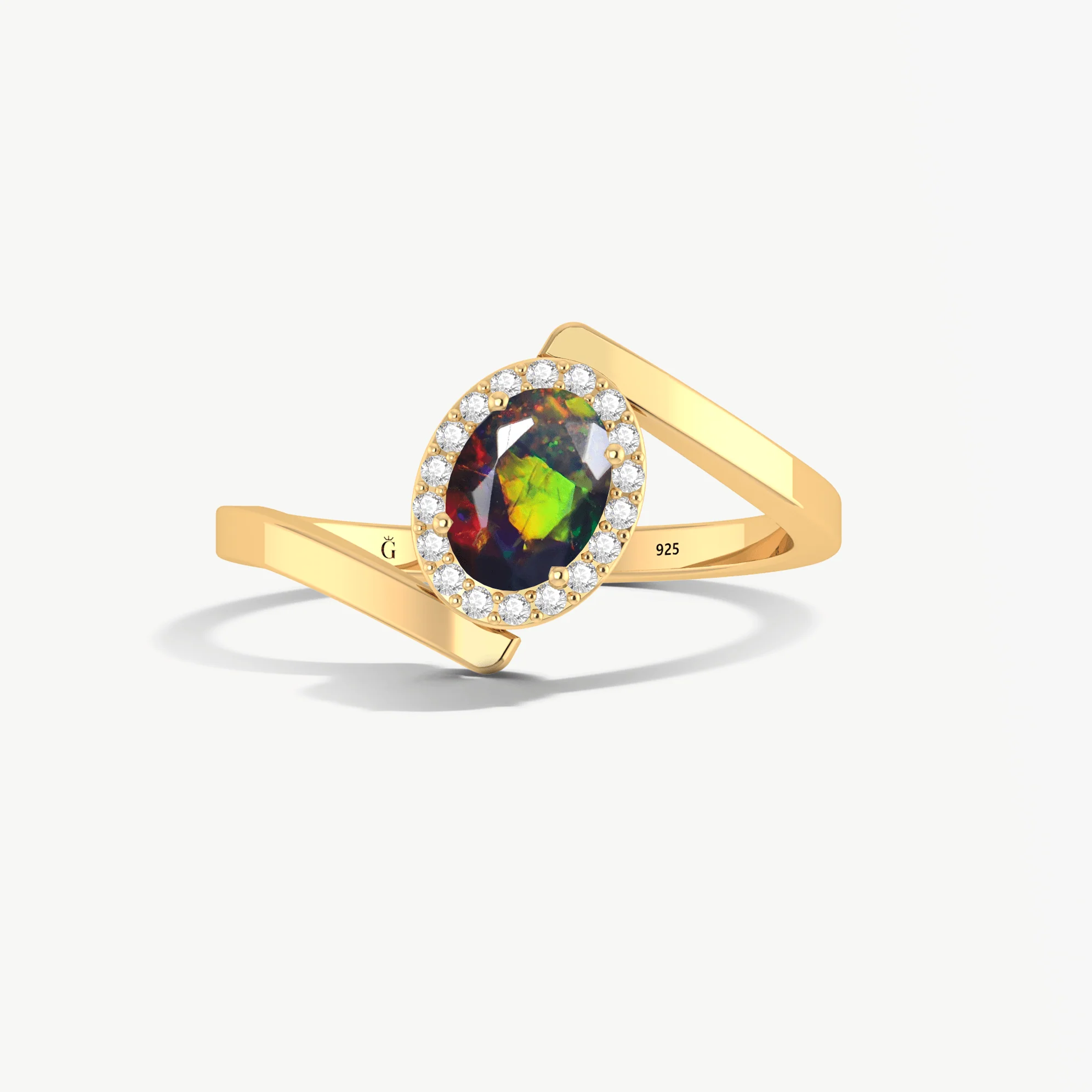 Black Opal Bypass Halo Ring in Sterling Silver