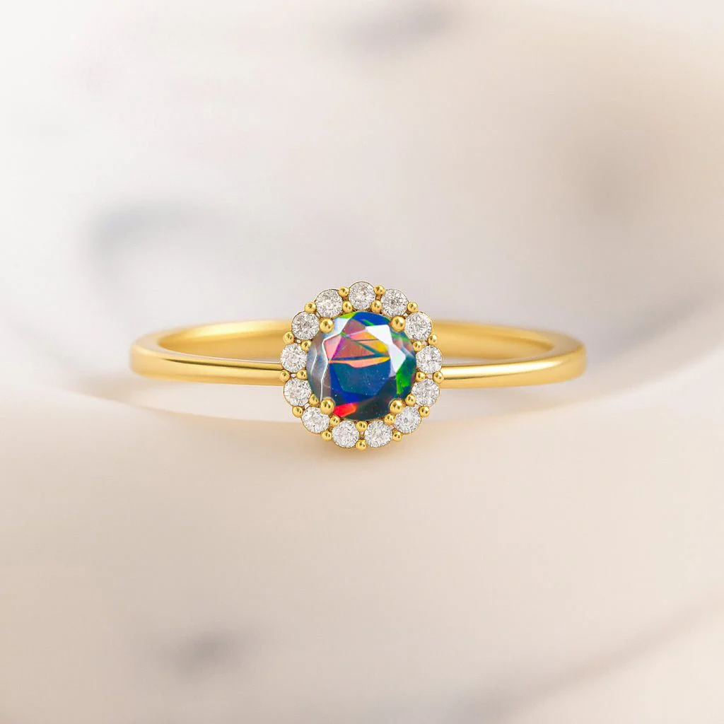 Black Opal Halo Ring in Silver & Gold Plating - Image 5