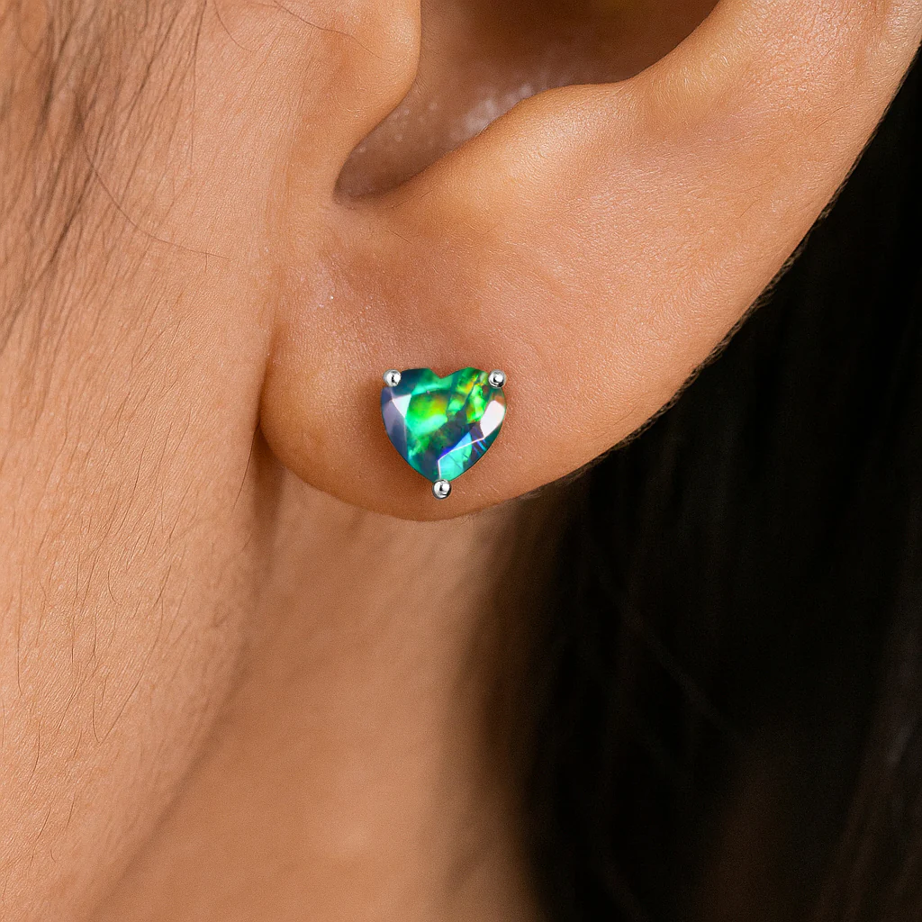 Black Opal Heart Stone Stud Earrings in 925 Sterling Silver - Image 11