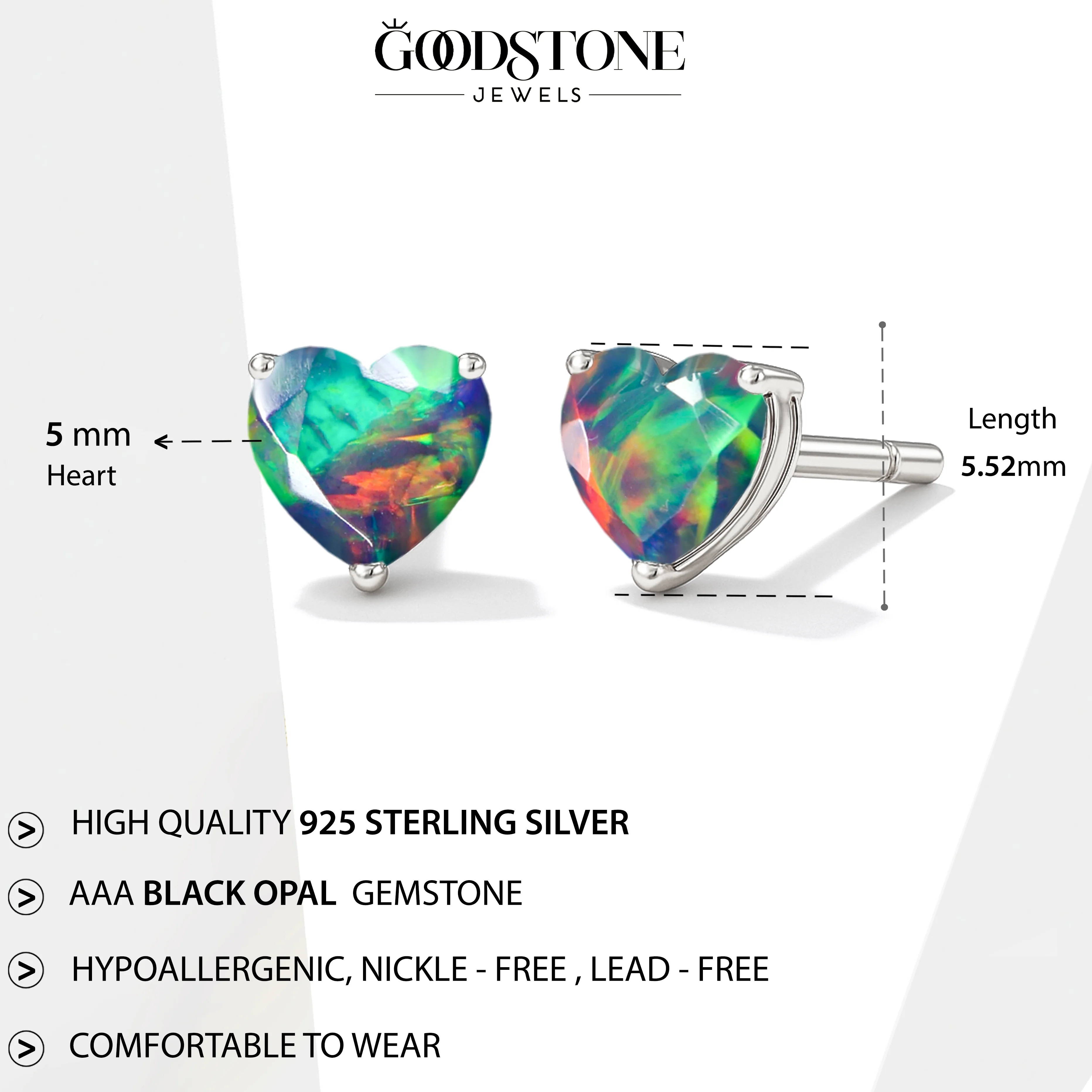 Black Opal Heart Stone Stud Earrings in 925 Sterling Silver - Image 4