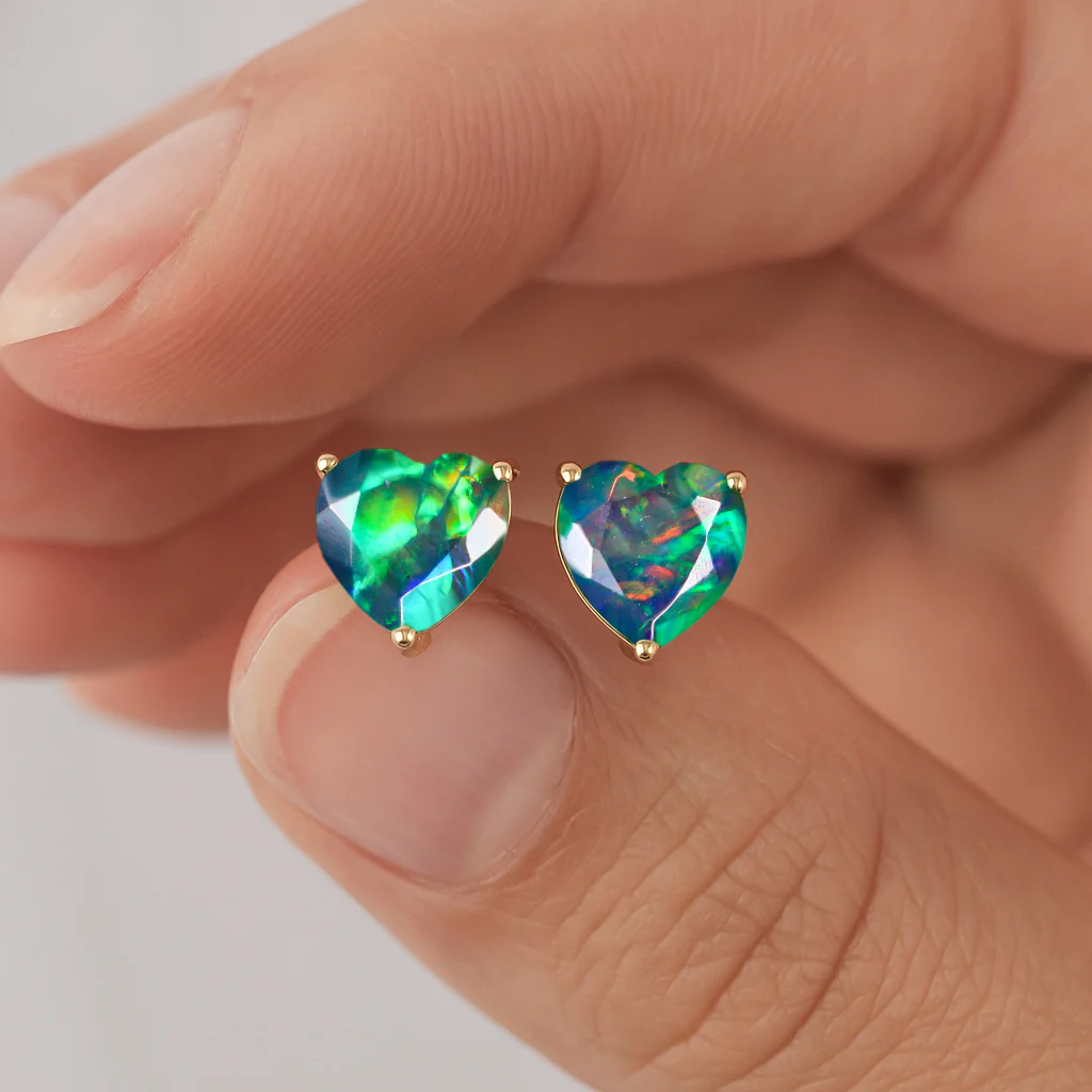Black Opal Heart Stone Stud Earrings in 925 Sterling Silver - Image 7