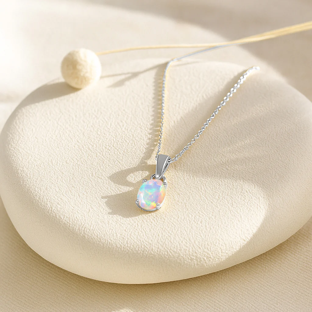 White Opal Oval Teardrop Pendant Necklace in 925 Sterling Silver 1.20ct - Image 12