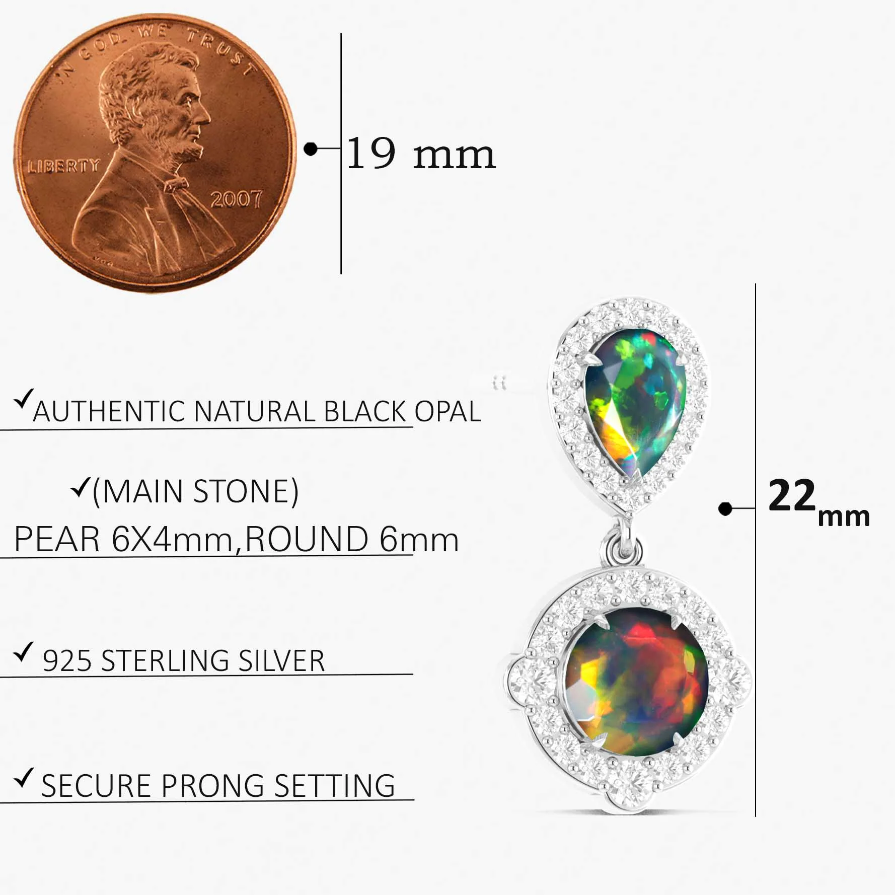 Black Opal Pear Round Halo Drop Earring in 925 Silver 2.4ct - Image 5
