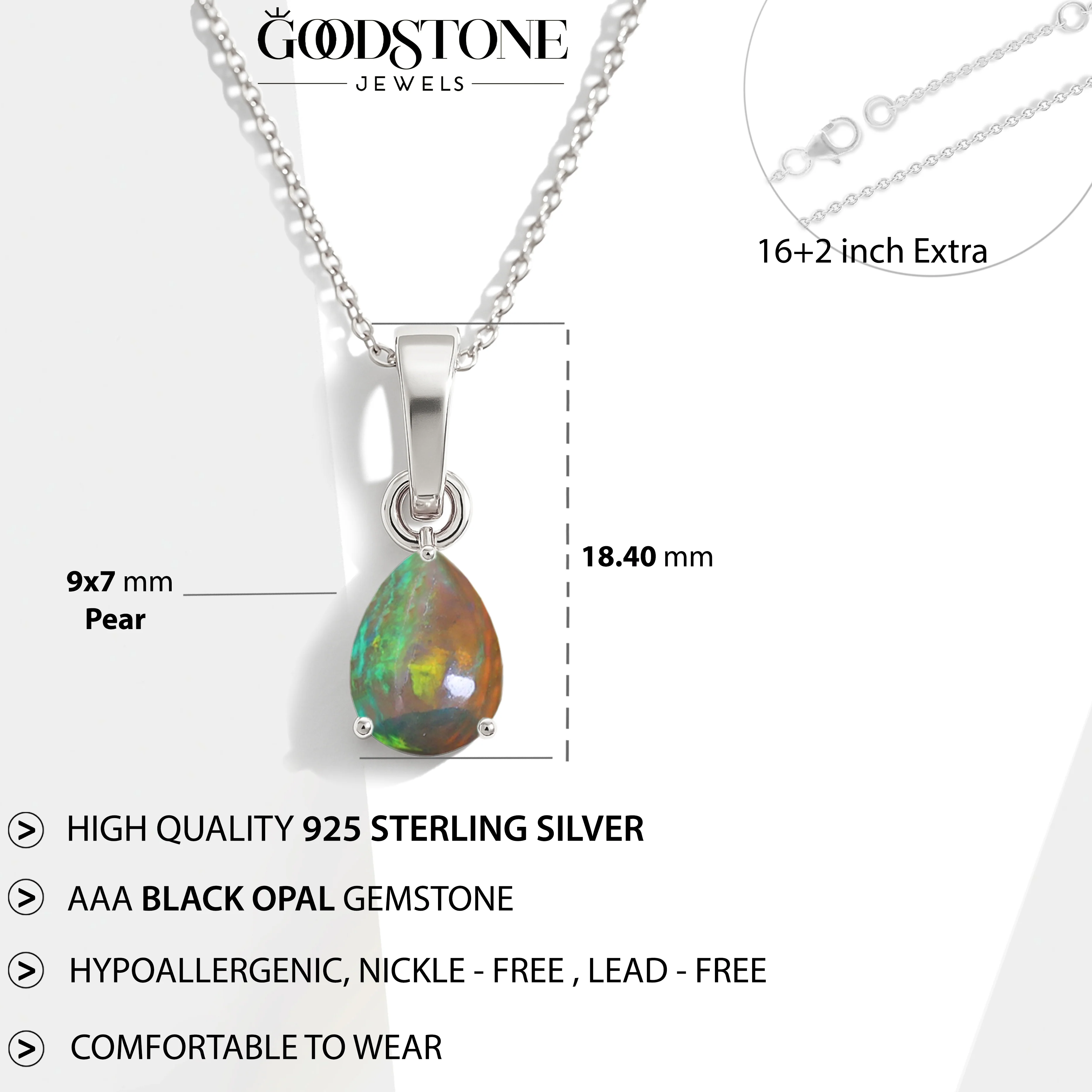 Black Opal Pear Solitaire Teardrop Pendant Necklace in 925 Sterling Silver 1.20ct - Image 4