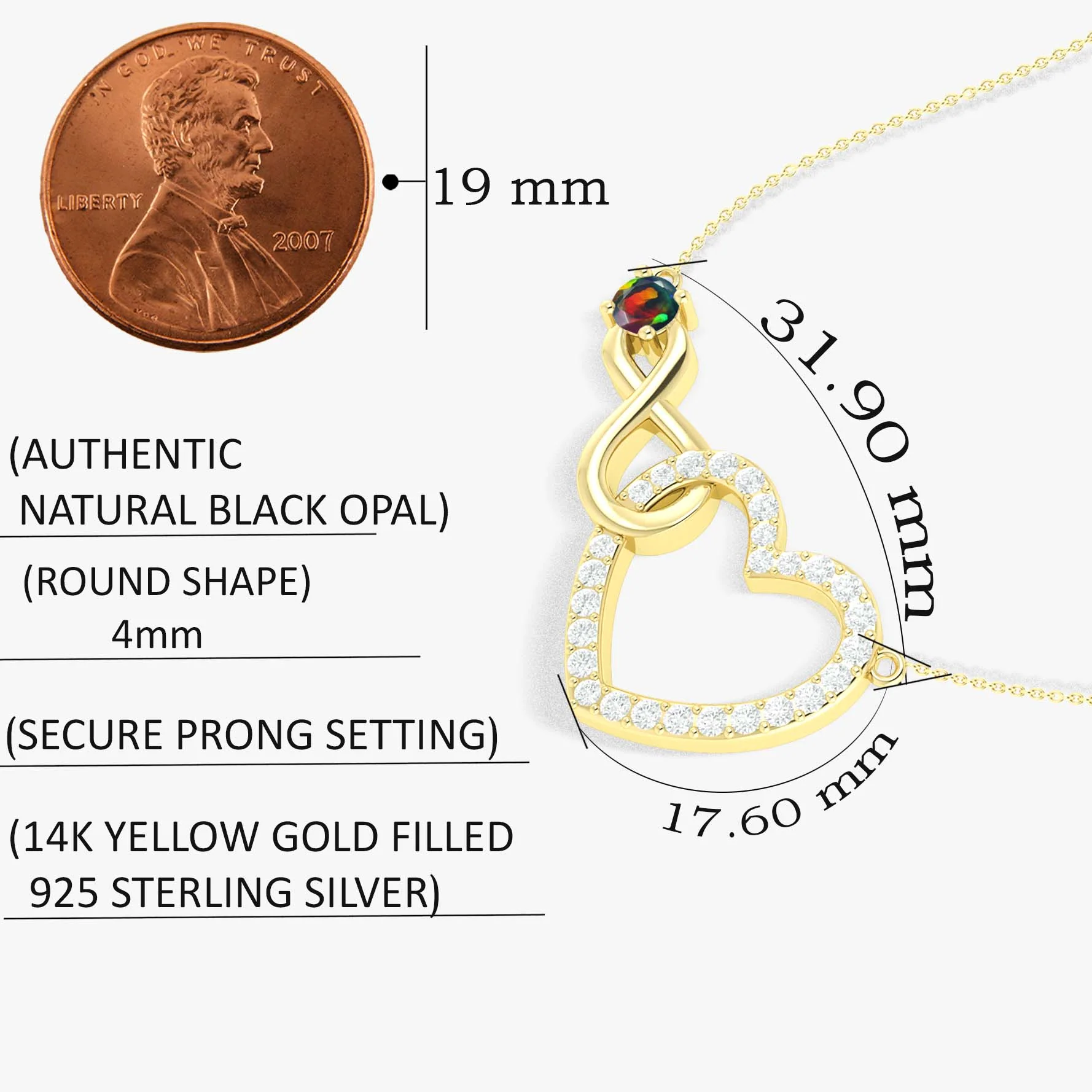 Black Opal Round Infinity Heart Pendant Necklace in 925 Sterling Silver - Image 7