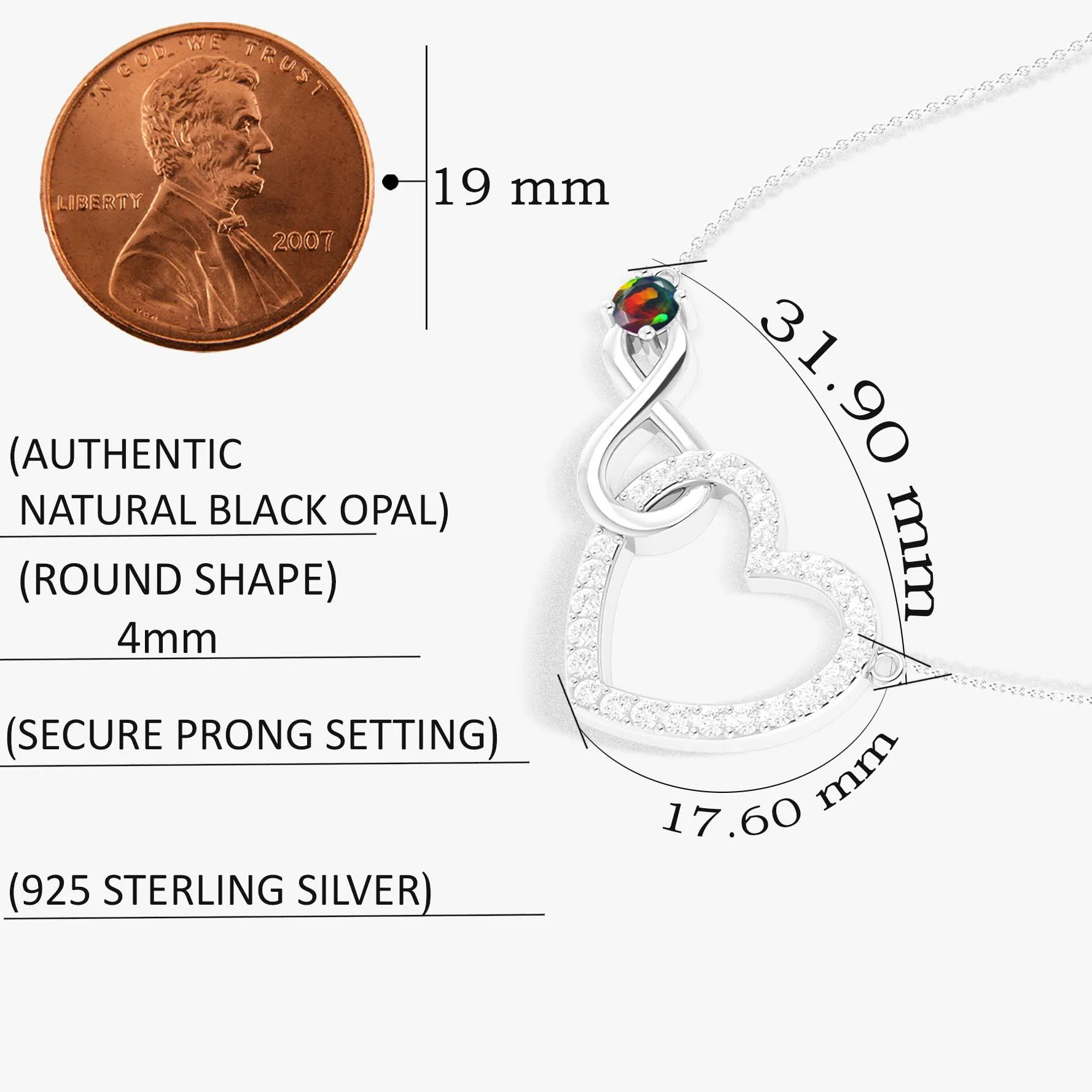 Black Opal Round Infinity Heart Pendant Necklace in 925 Sterling Silver - Image 8