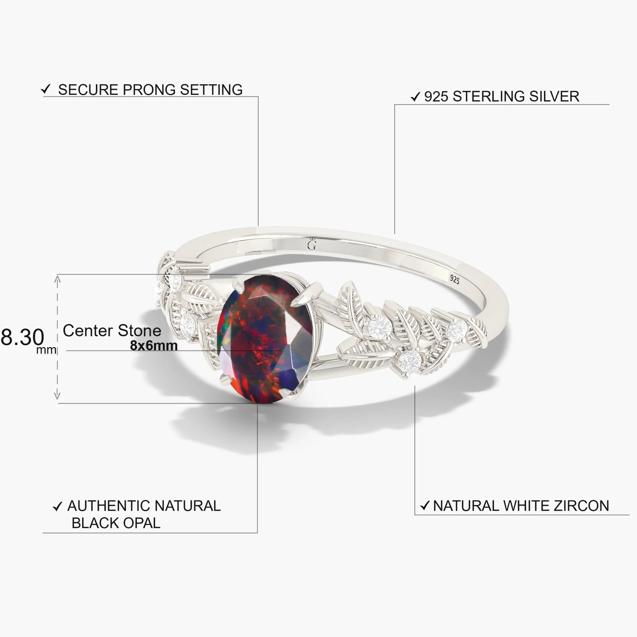 Black Opal Solitaire Ring in Leaf Style - Image 5