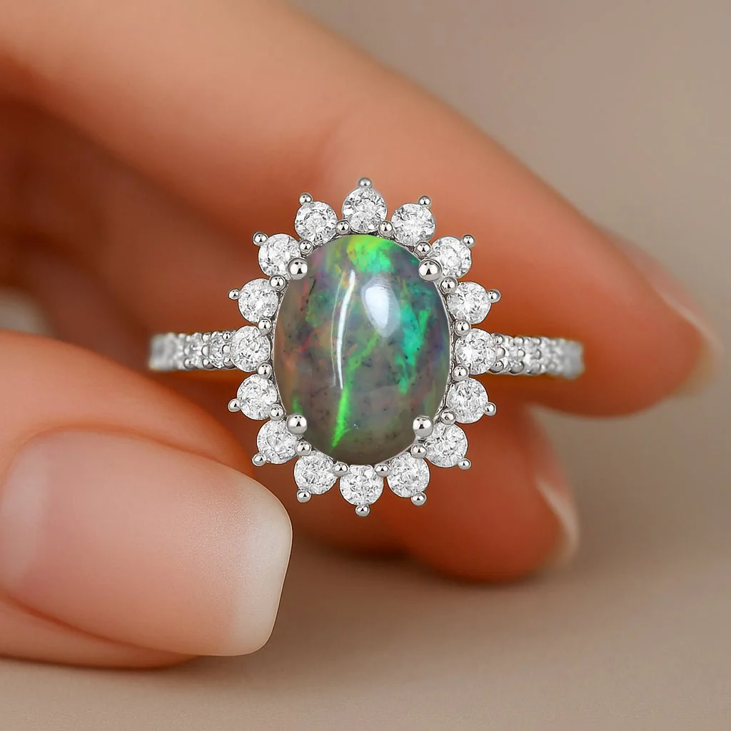 Black Opal Sterling Silver Halo Ring - Image 3