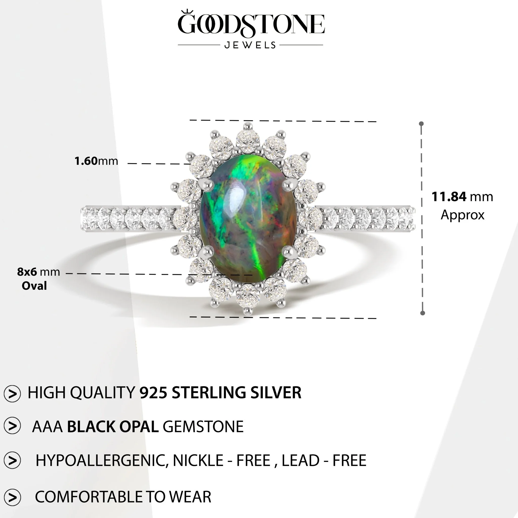 Black Opal Sterling Silver Halo Ring - Image 6