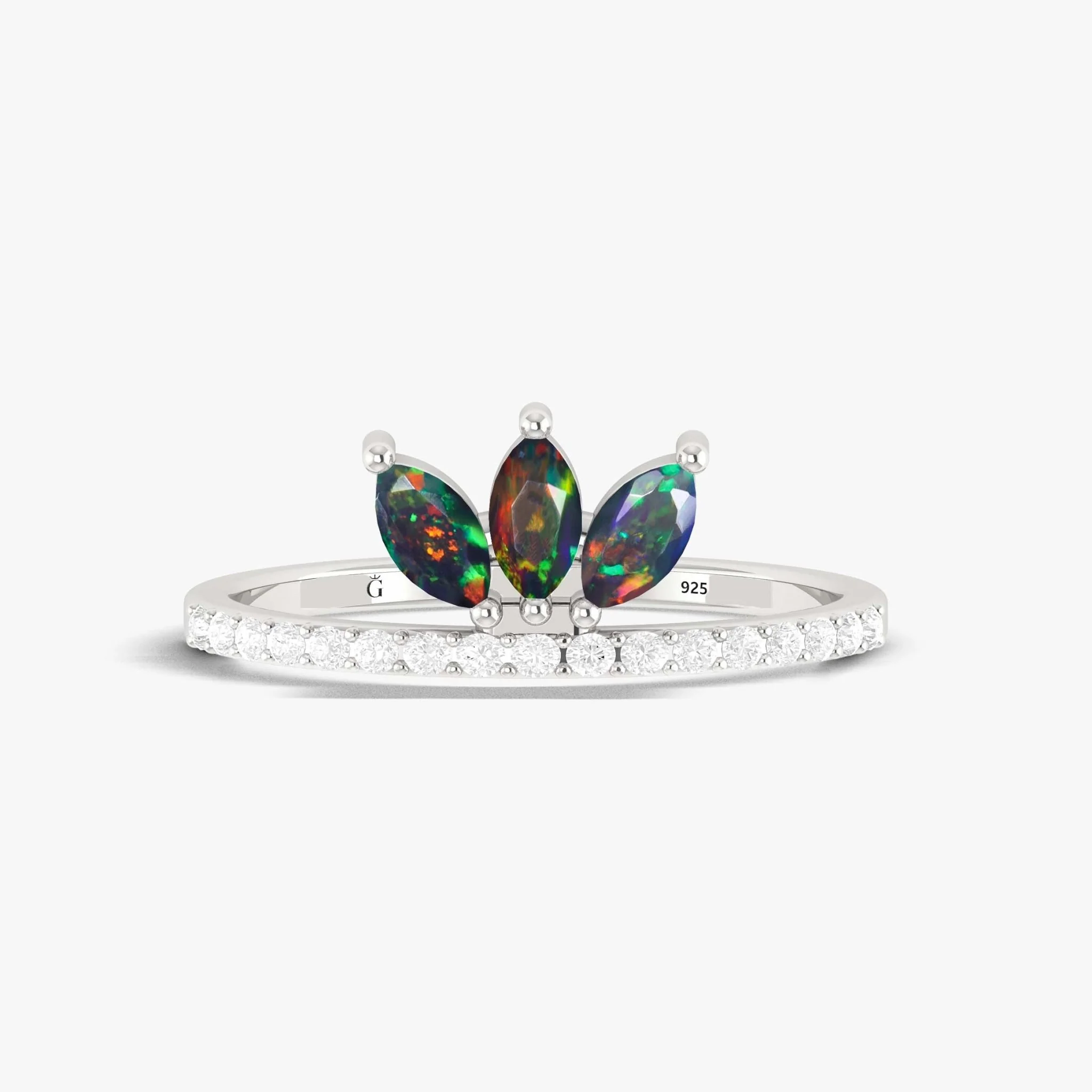 Black Opal & Zircon Eternity Ring - Three Stone Design