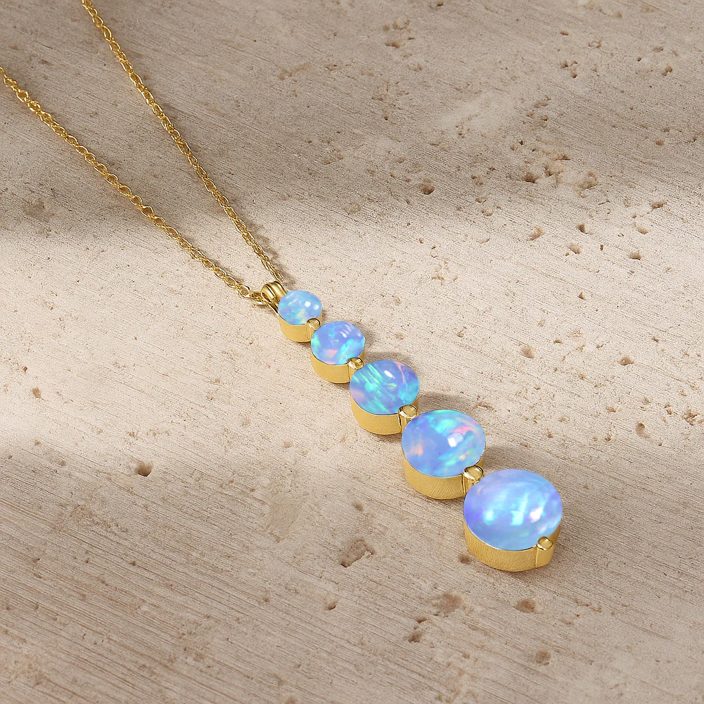 Blue Opal 5 Stone Bar Pendant Necklace in 925 Sterling Silver 3.05ct - Image 6