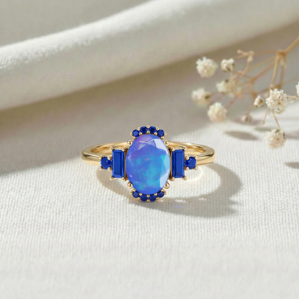 Blue Opal and Blue Sapphire Engagement Ring | Unique Gemstone Engagement Ring - Image 6