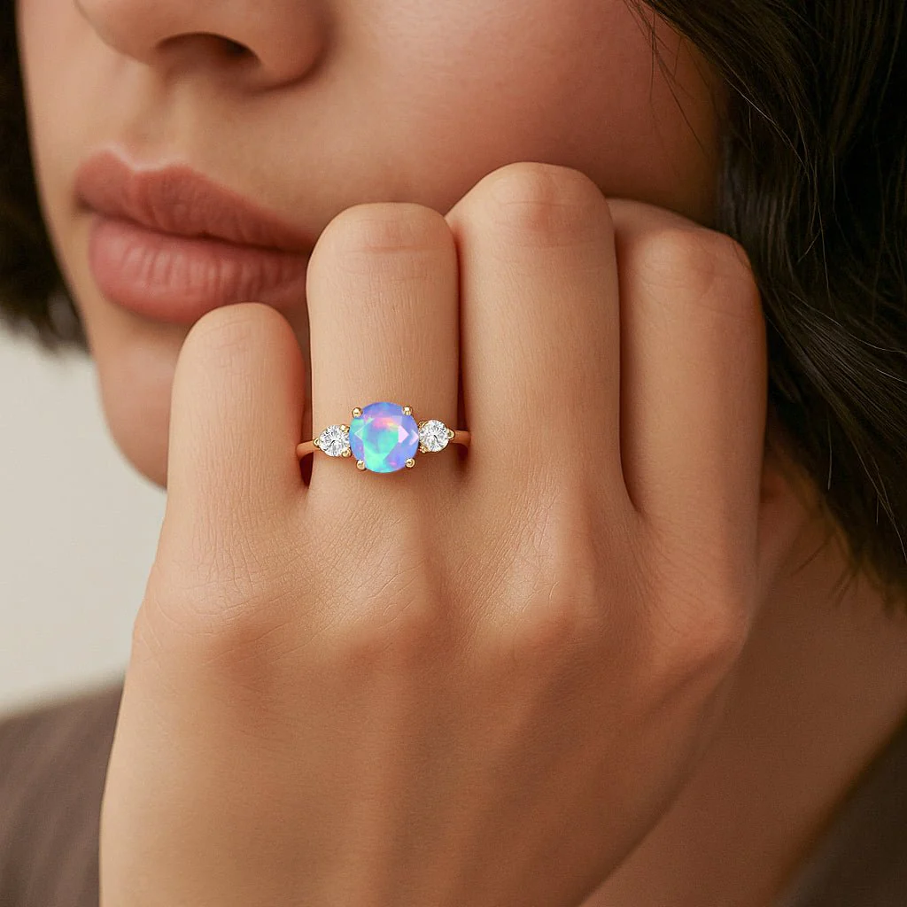 Blue Opal and Zircon Three Stone Ring - Image 2