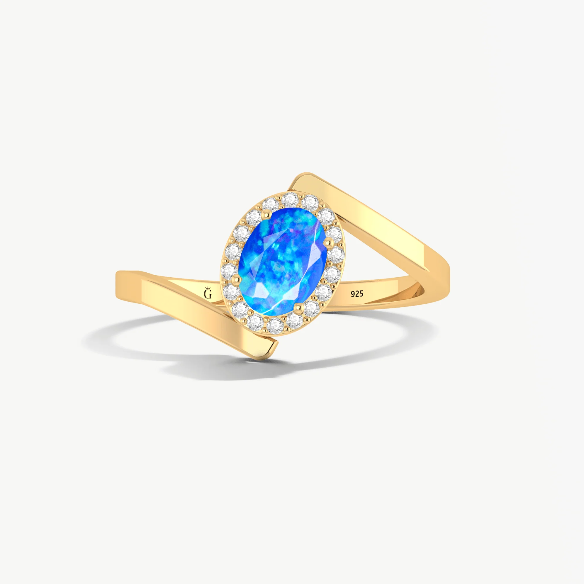 Blue Opal Bypass Halo Ring in 925 Sterling Silver