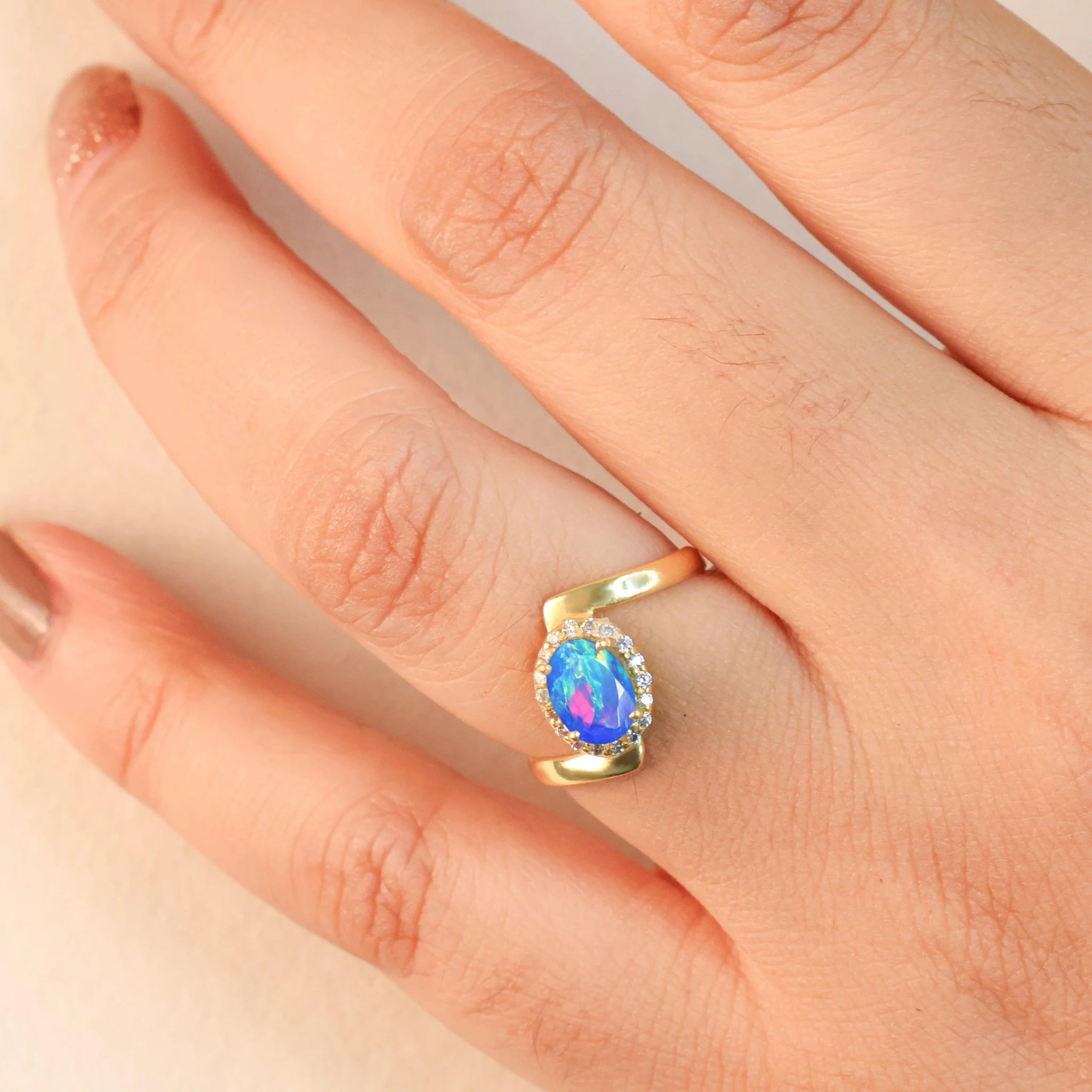 Blue Opal Bypass Halo Ring in 925 Sterling Silver - Image 2