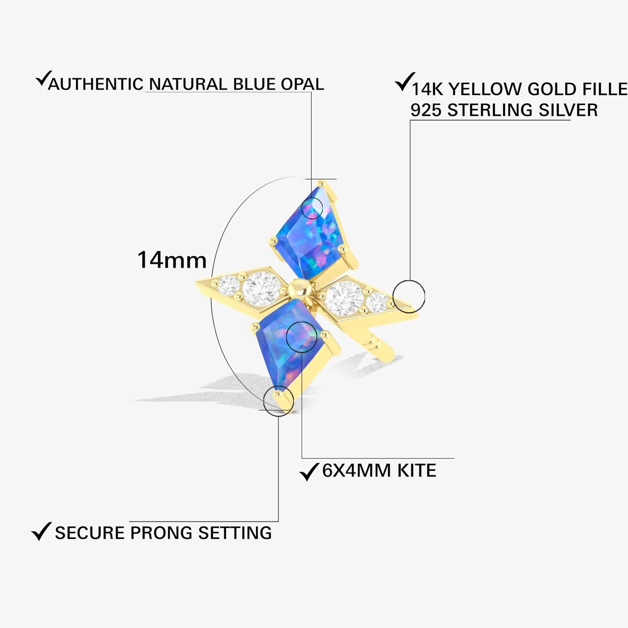 Blue Opal Dual Kite Gemstone Floral Stud Earrings - Image 3