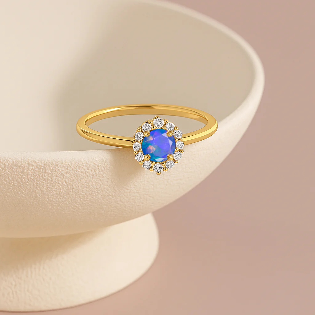 Blue Opal Halo Ring in Sterling Silver & Gold Plating - Image 6