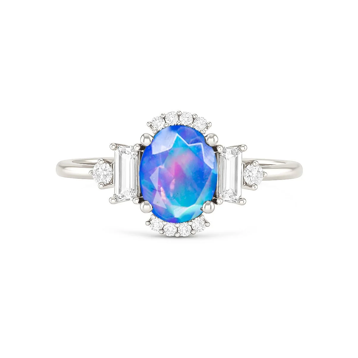 Blue Opal Halo Wedding Ring - Genuine Fire Opal