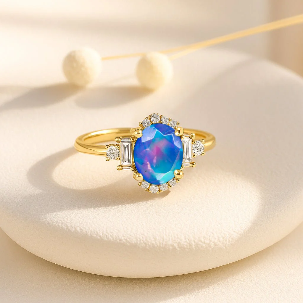 Blue Opal Halo Wedding Ring - Genuine Fire Opal - Image 6