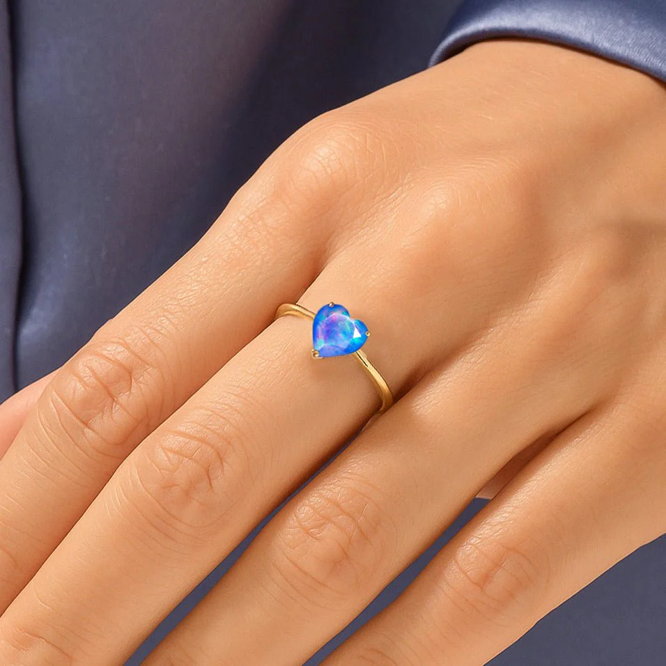 Blue Opal Heart Ring in Silver & Yellow Gold Filled - Image 6