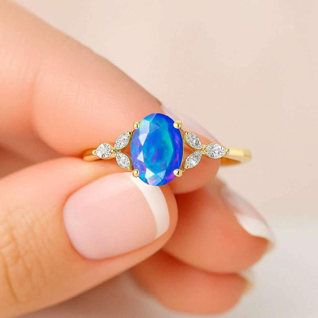 Blue Opal Leaf Ring in Silver & Gold - Image 4