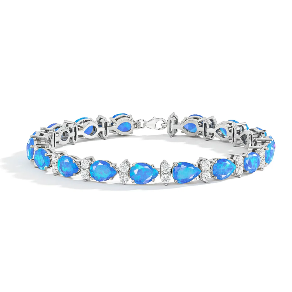 Blue Opal Pear & Round Bracelet 7x5 MM & 2.5 MM 18.9 Ct Ocean Charm - Image 2