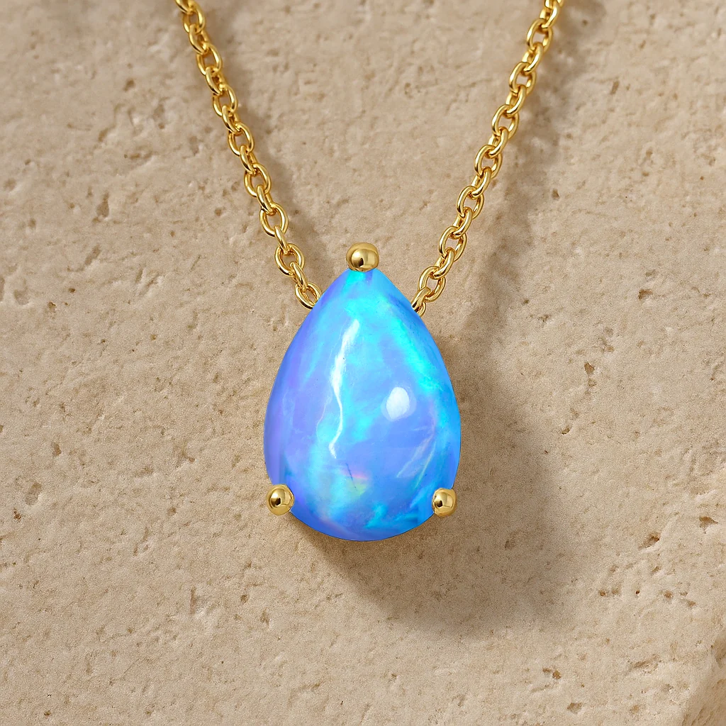 Blue Opal Pear Stone Solitaire Pendant Necklace in 925 Sterling Silver - Image 3