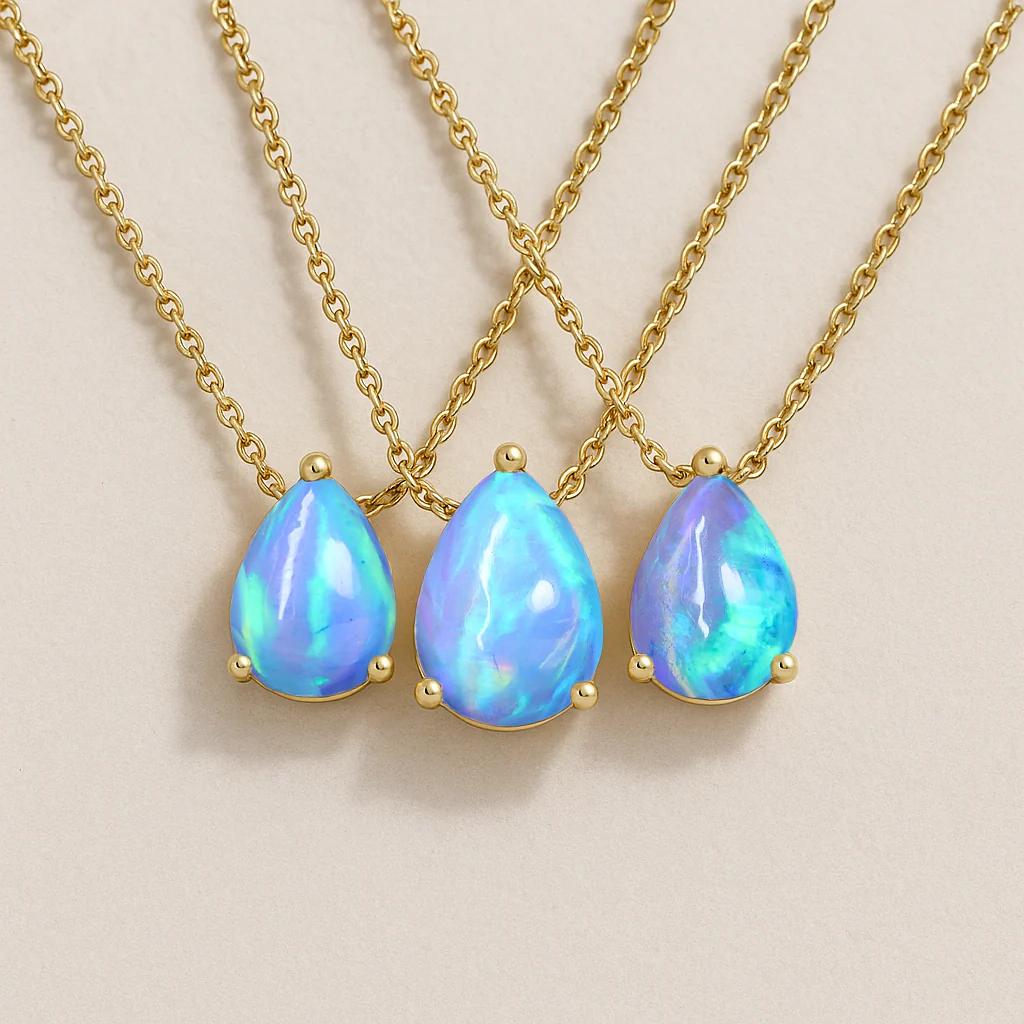 Blue Opal Pear Stone Solitaire Pendant Necklace in 925 Sterling Silver - Image 5