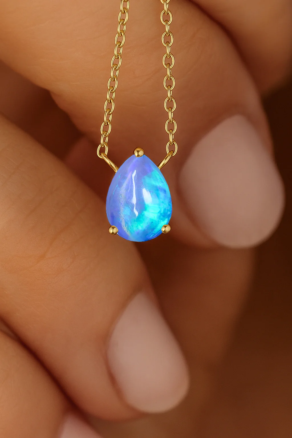Blue Opal Pear Stone Solitaire Pendant Necklace in 925 Sterling Silver - Image 6