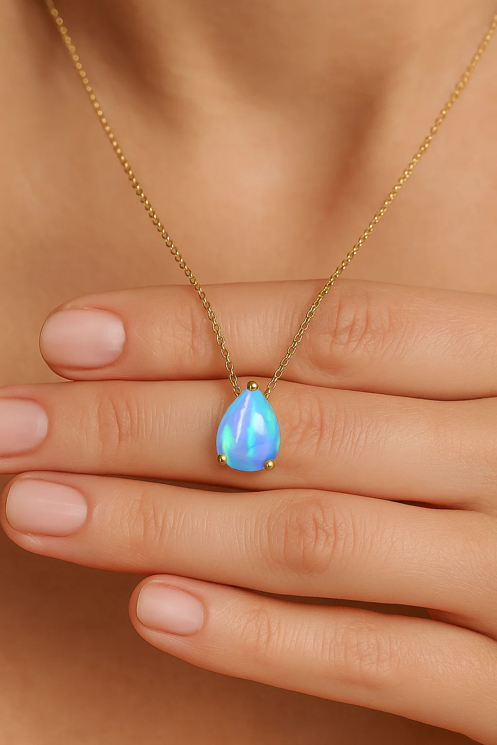 Blue Opal Pear Stone Solitaire Pendant Necklace in 925 Sterling Silver - Image 7