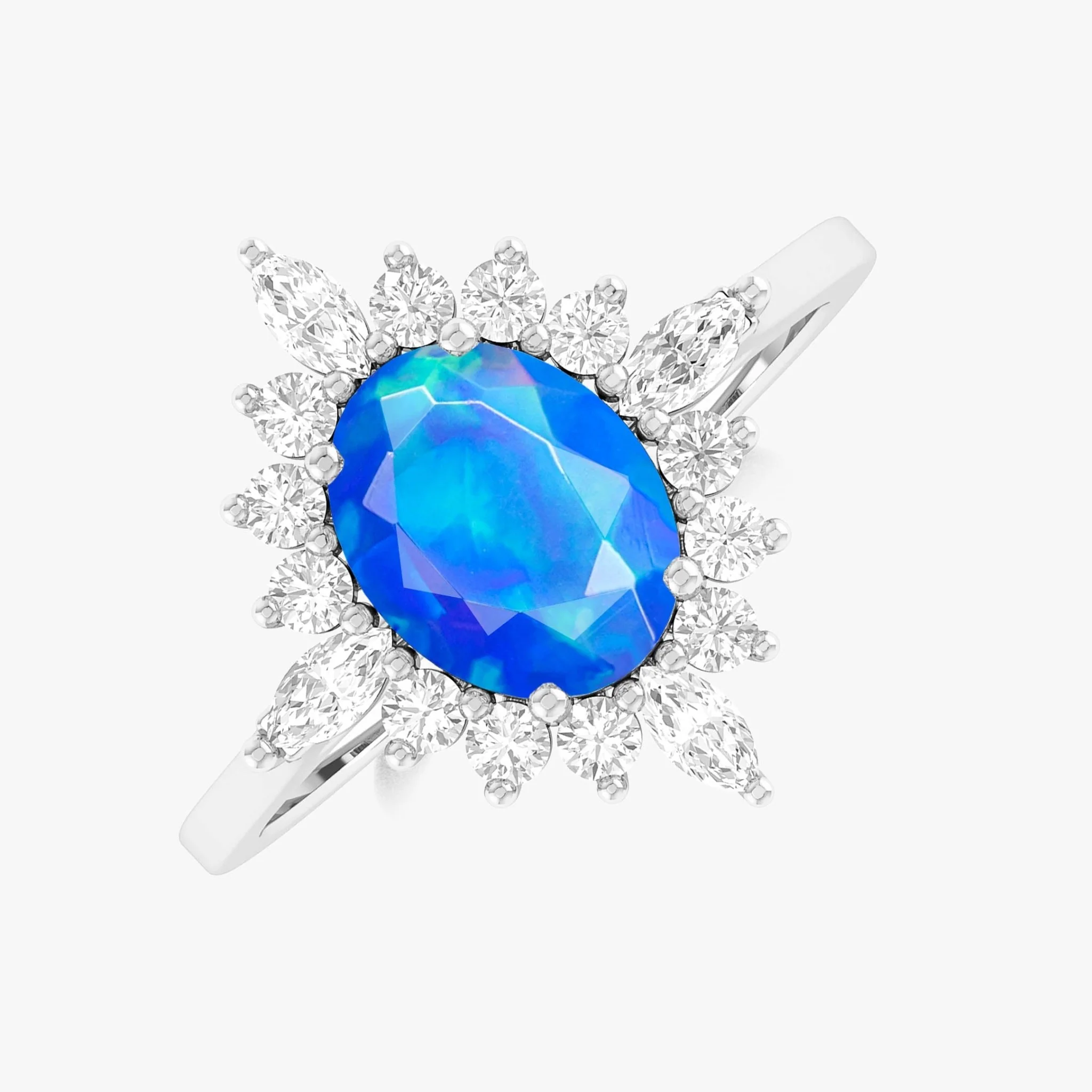 Blue Opal Silver Halo Ring with Zircon Gold Filled Band