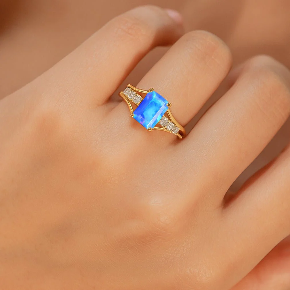 Blue Opal Solitaire Ring - Octagon Gemstone Statement - Image 2