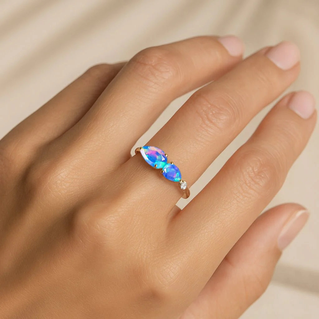 Blue Opal Two Stone Ring in Yellow Gold Filled & Silver - Image 2