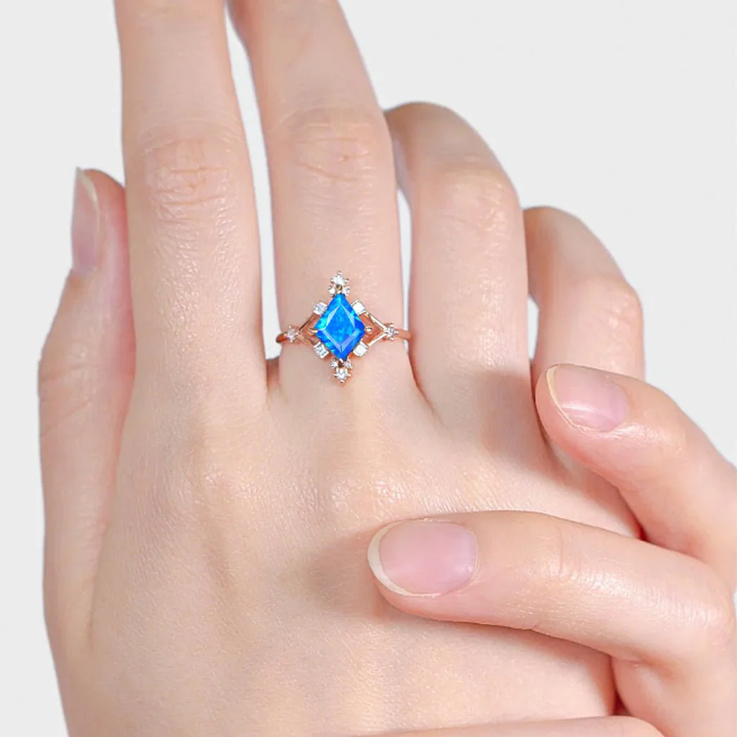Blue Opal Zircon Halo Wedding Ring with Designer Appeal - Image 2