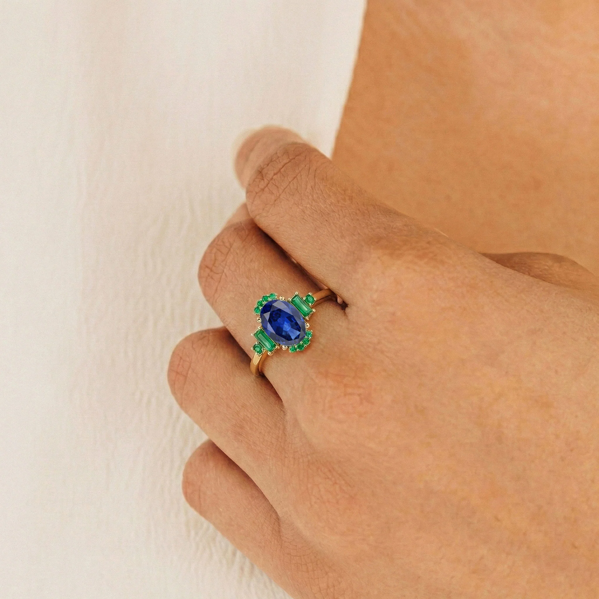 Blue Sapphire and Emerald Engagement Ring | Sterling Silver Ring | Fine Gemstone Jewelry - Image 4