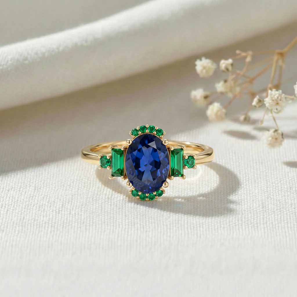 Blue Sapphire and Emerald Engagement Ring | Sterling Silver Ring | Fine Gemstone Jewelry - Image 6