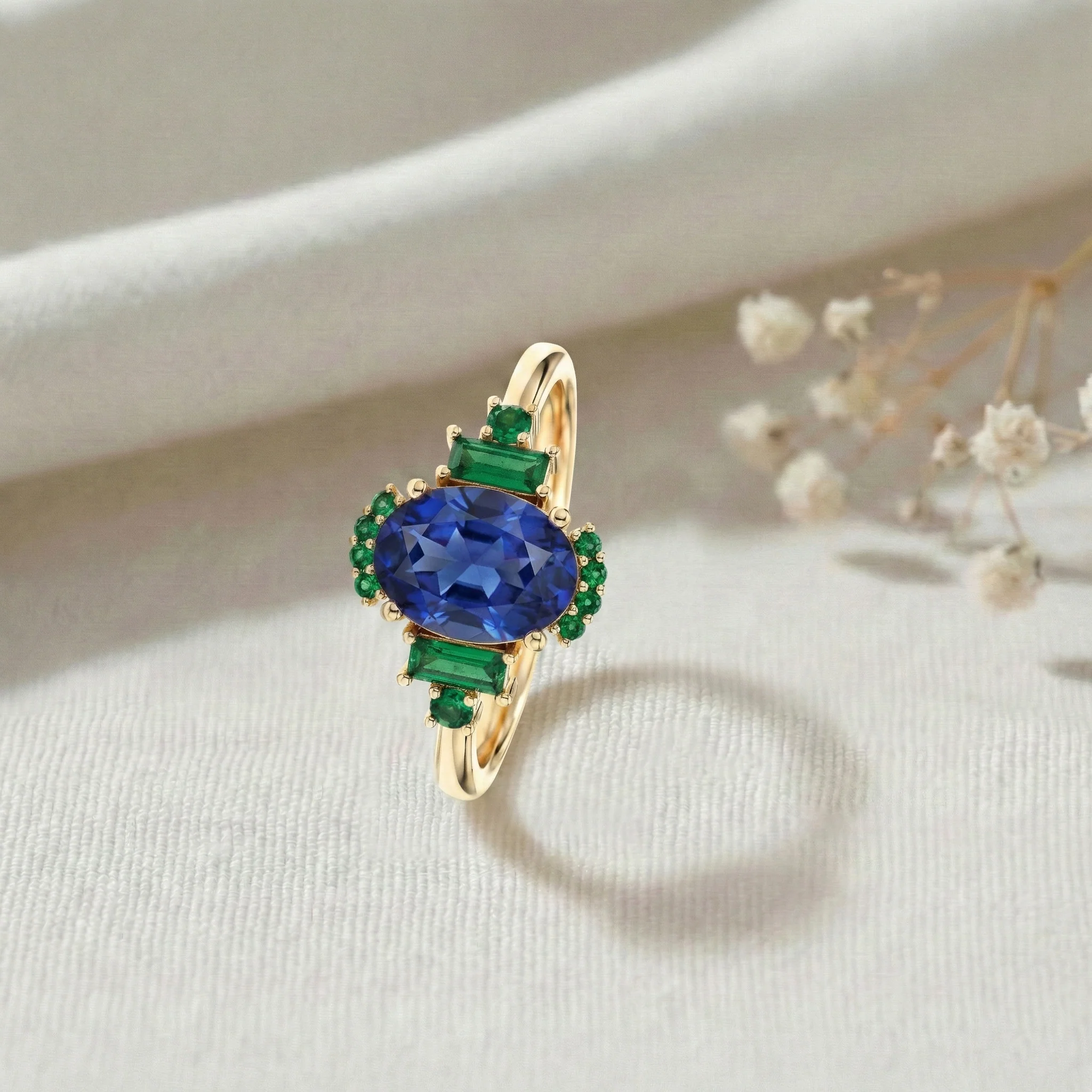 Blue Sapphire and Emerald Engagement Ring | Sterling Silver Ring | Fine Gemstone Jewelry - Image 7