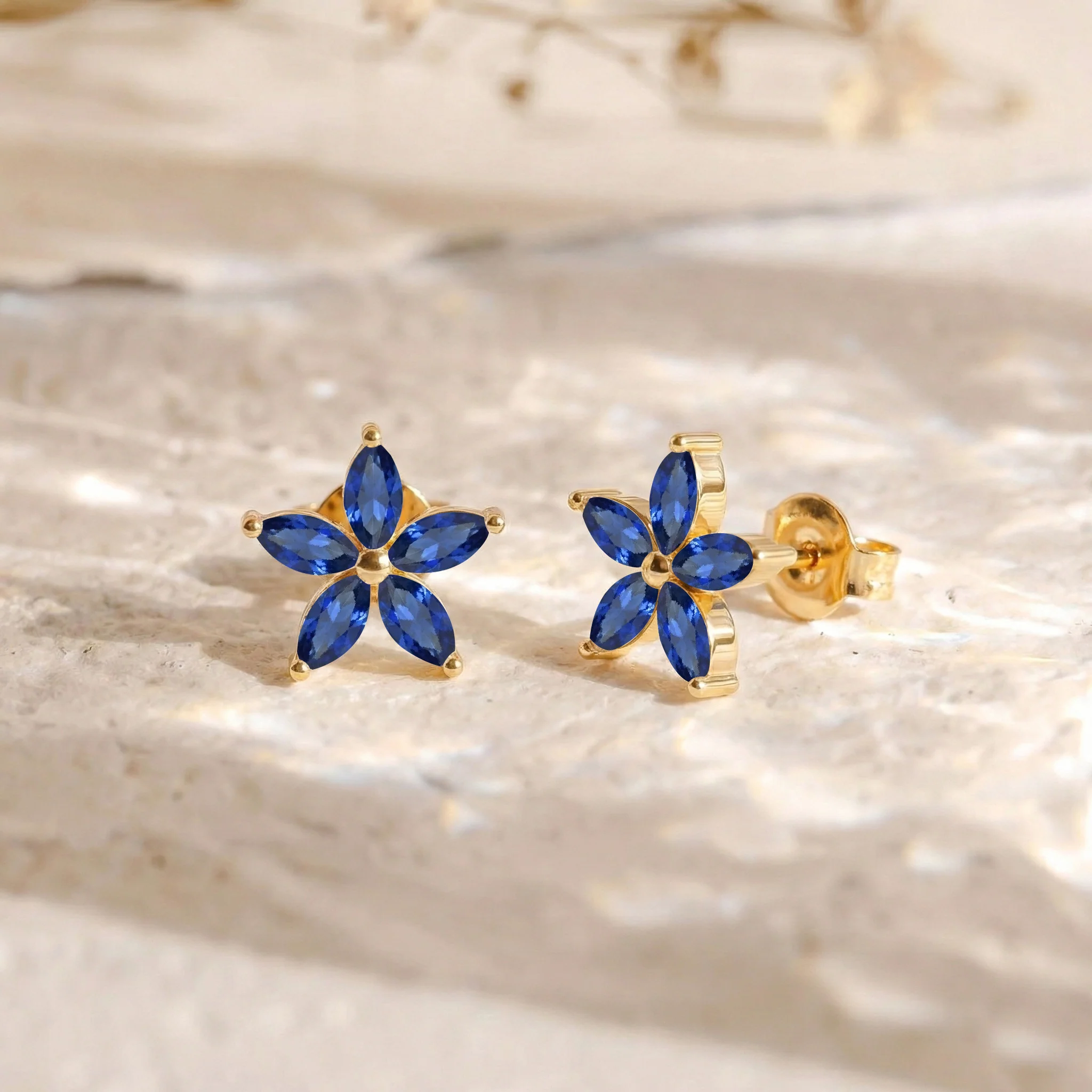 Blue Sapphire Flower and Marquis Shape Stud Earring in 925 Sterling Silver 4X2 MM 3ct. - Image 10