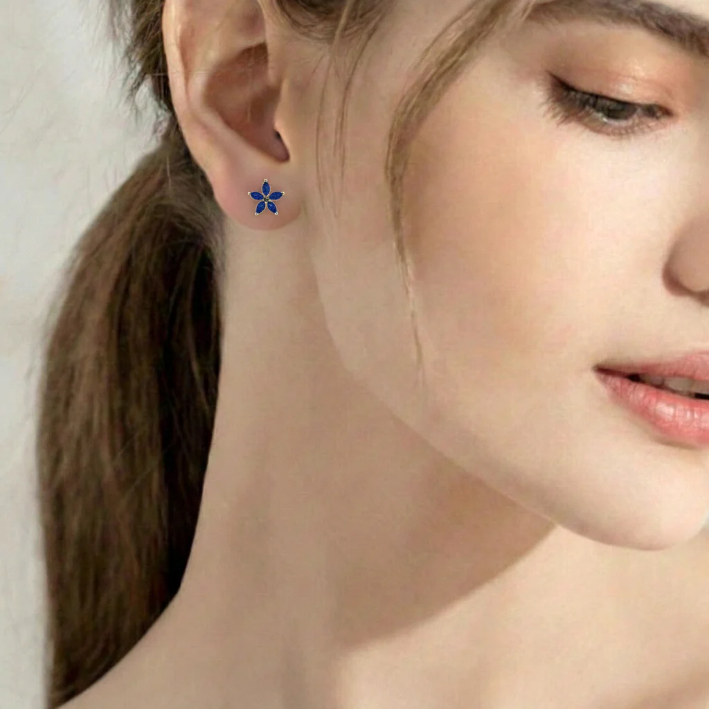Blue Sapphire Flower and Marquis Shape Stud Earring in 925 Sterling Silver 4X2 MM 3ct. - Image 14