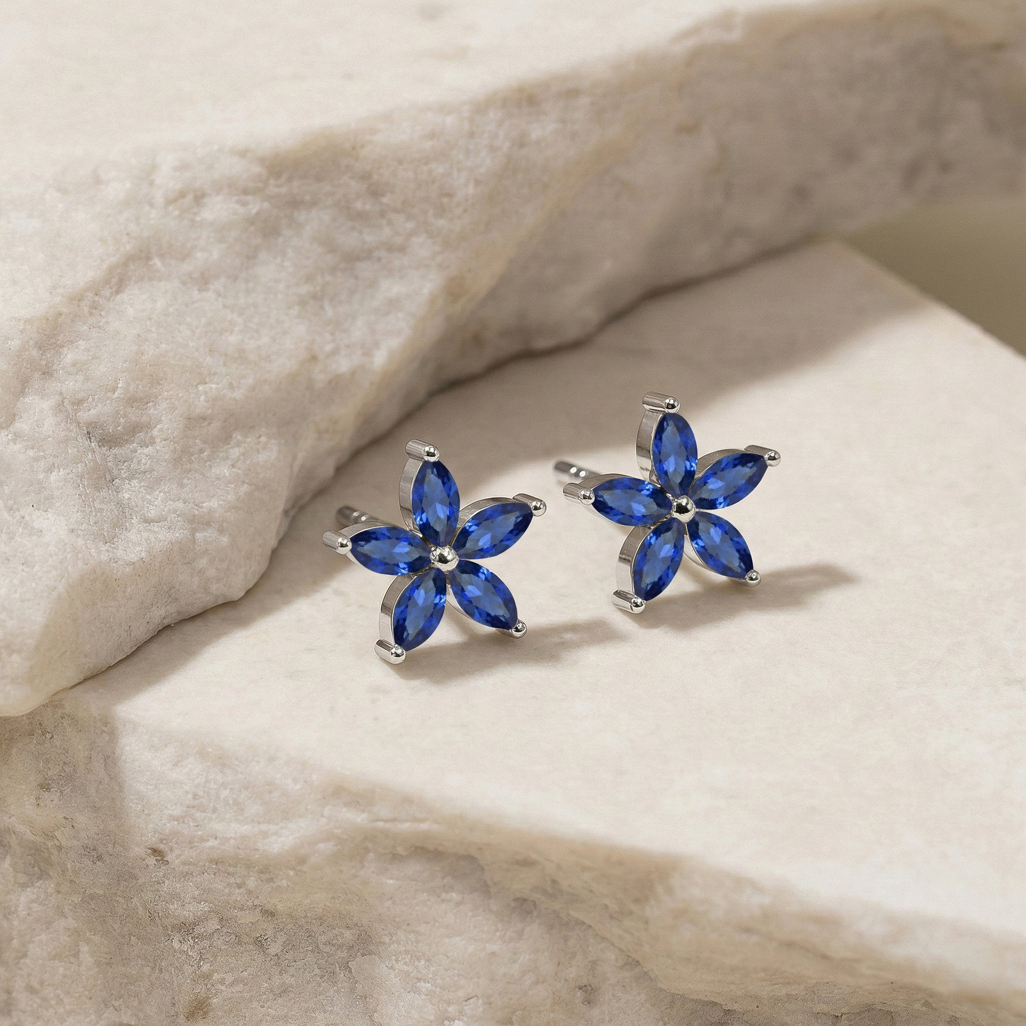 Blue Sapphire Flower and Marquis Shape Stud Earring in 925 Sterling Silver 4X2 MM 3ct. - Image 2