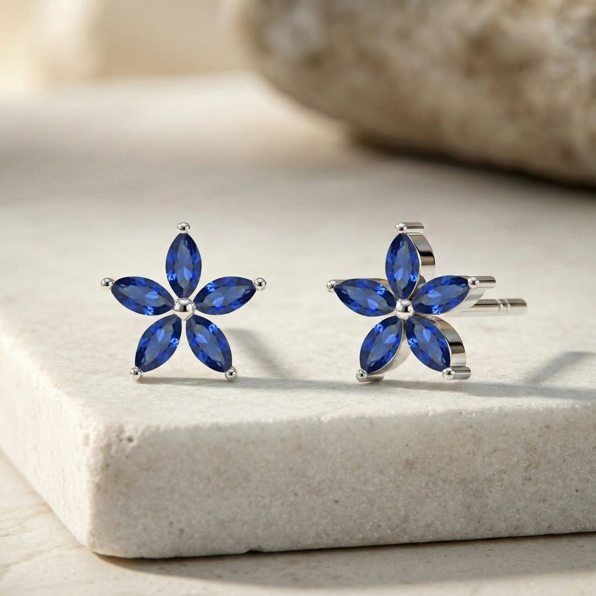 Blue Sapphire Flower and Marquis Shape Stud Earring in 925 Sterling Silver 4X2 MM 3ct. - Image 6