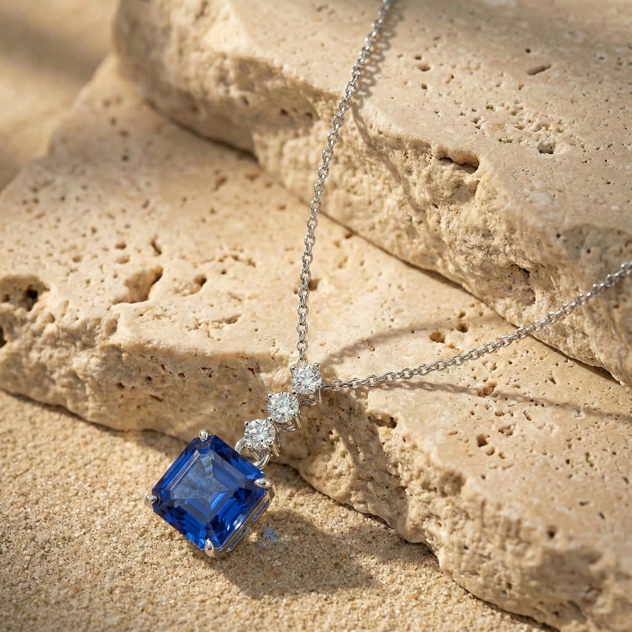 Blue Sapphire Octagon Solitaire Pendant Necklace in 925 Sterling Silver 8 MM 2ct - Image 3