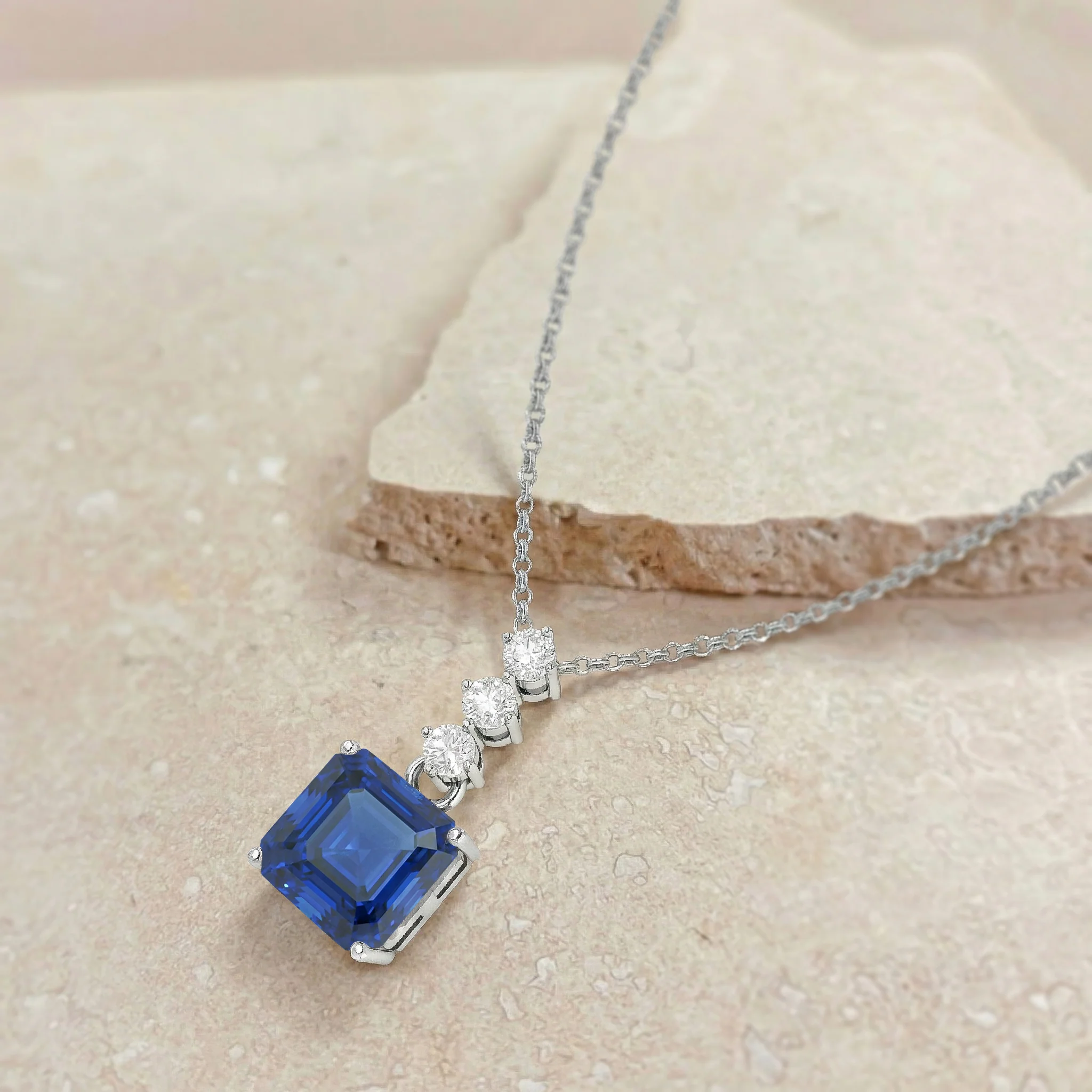 Blue Sapphire Octagon Solitaire Pendant Necklace in 925 Sterling Silver 8 MM 2ct - Image 4