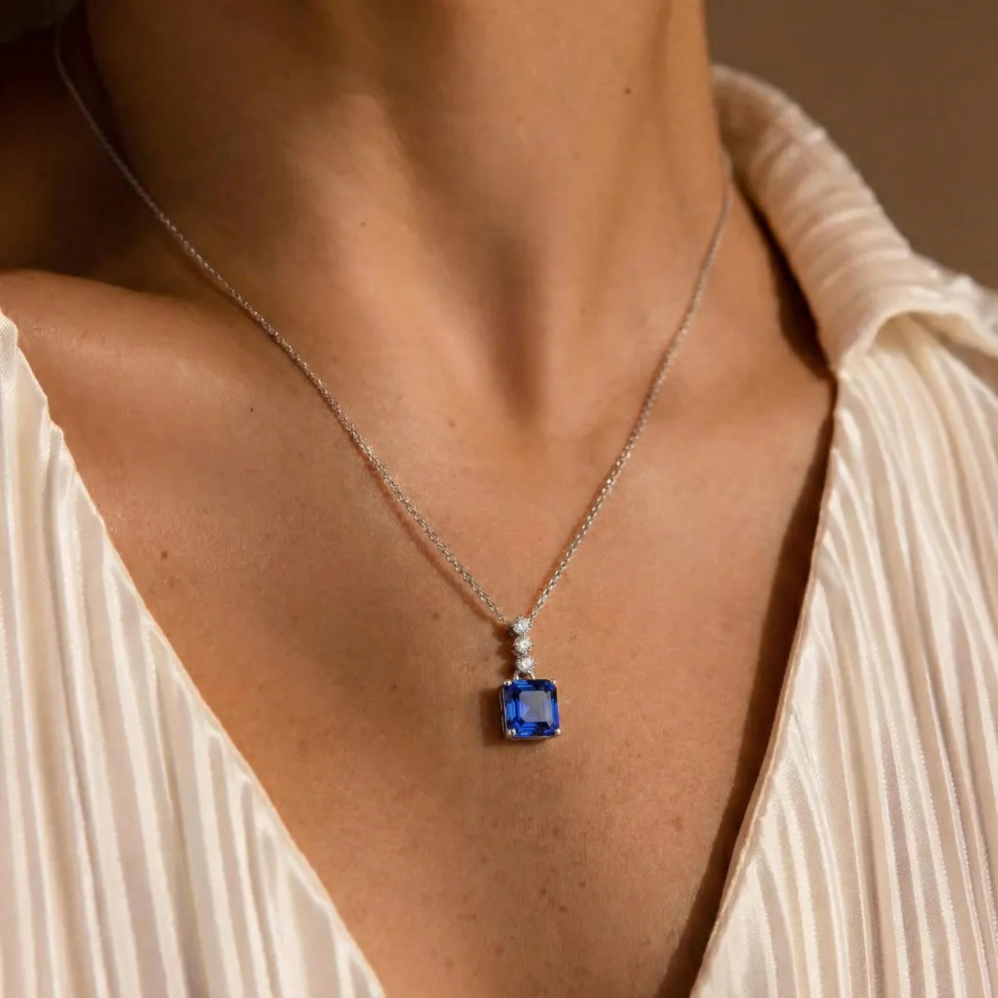 Blue Sapphire Octagon Solitaire Pendant Necklace in 925 Sterling Silver 8 MM 2ct - Image 7