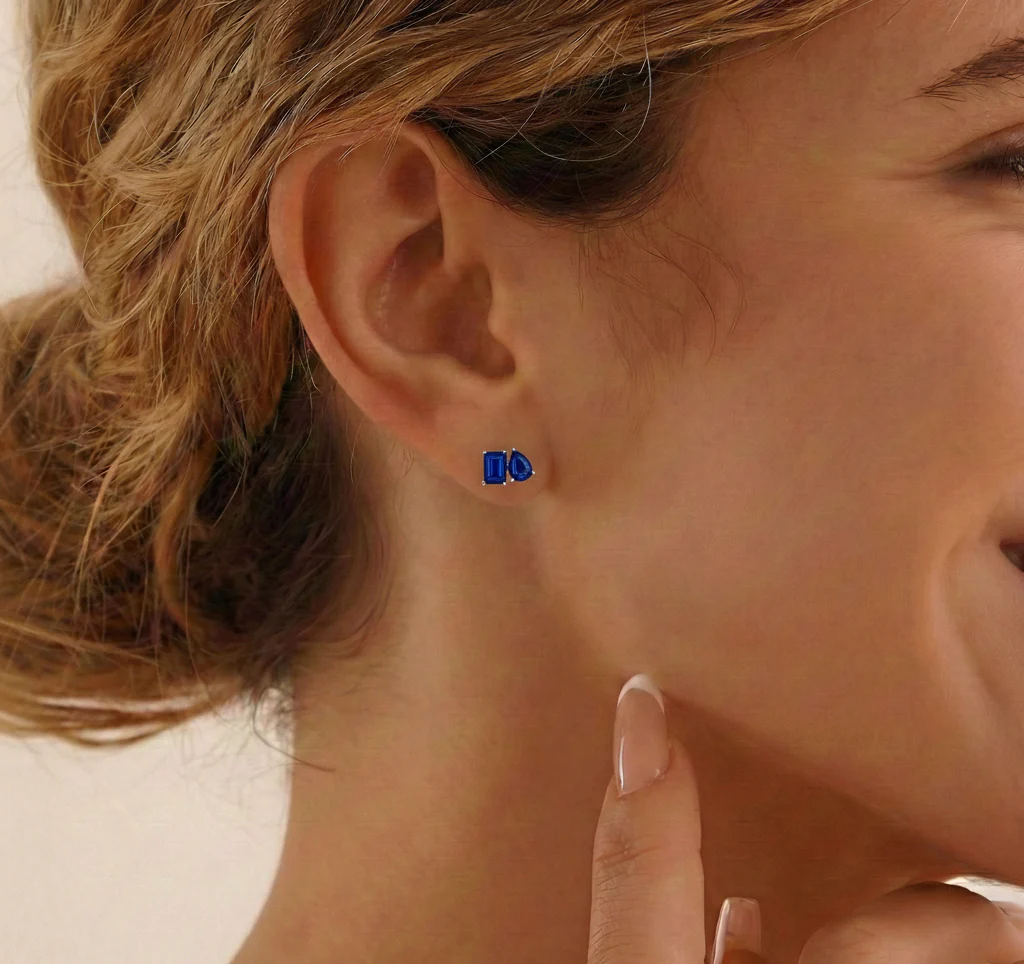 Blue Sapphire Pear and Octagon Stud Earrings in 925 Sterling Silver 6*4MM 2ct - Image 3