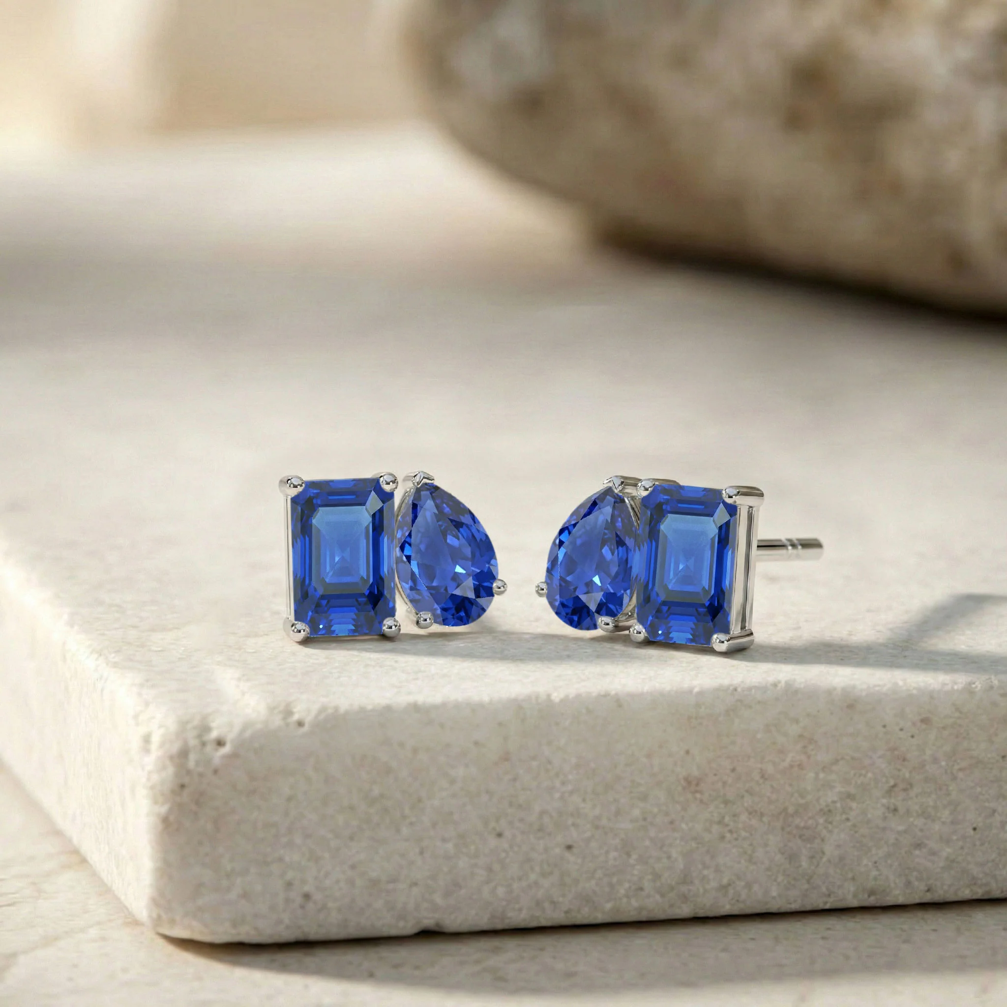 Blue Sapphire Pear and Octagon Stud Earrings in 925 Sterling Silver 6*4MM 2ct - Image 7